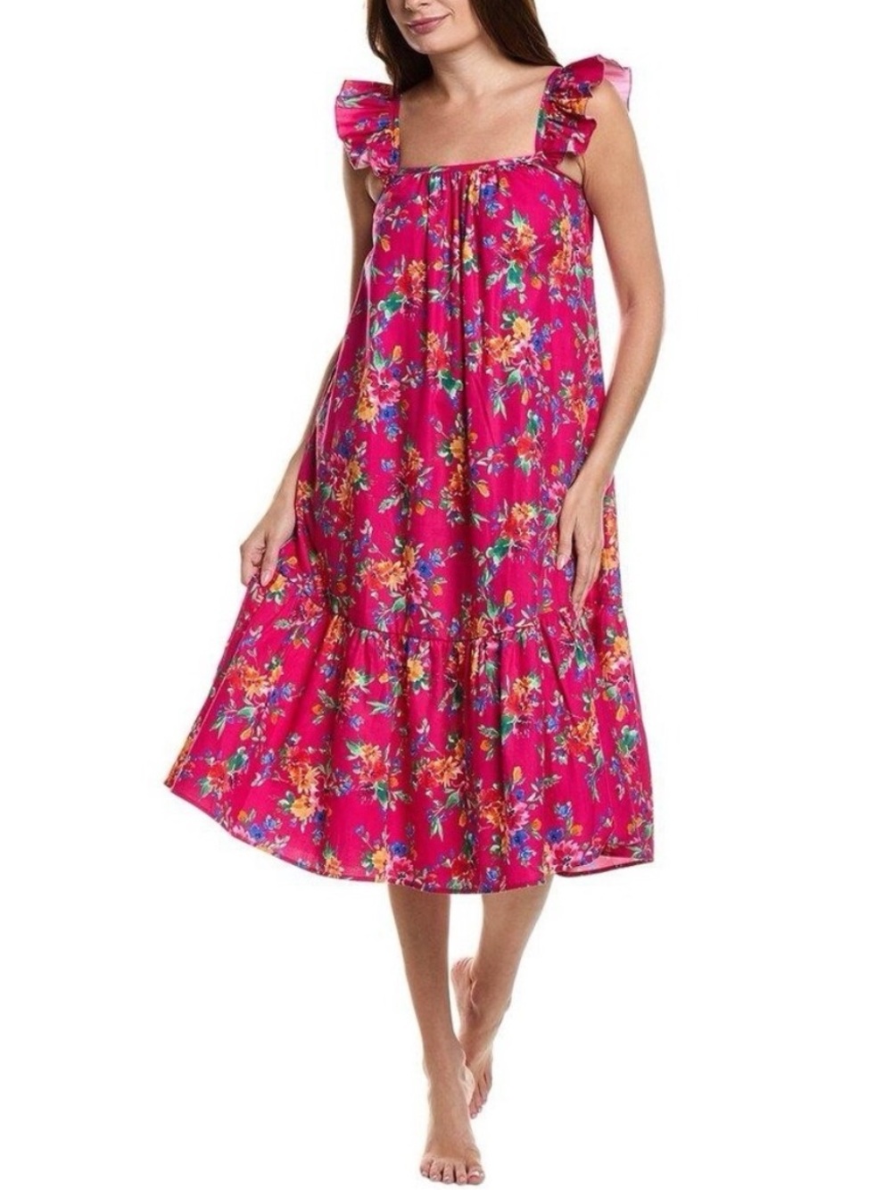 Petite Plume Pink Floral Casual Cotton Midi Dress Size M